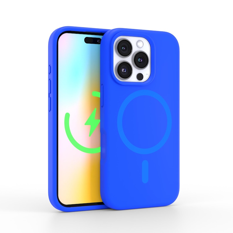 May include: A blue phone case with a built-in magnetic ring for wireless charging. The case has a clear back to show the phone's design.