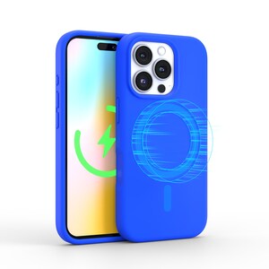 May include: A blue phone case with a built-in magnetic ring for wireless charging. The case has a clear back to show off the phone's design.
