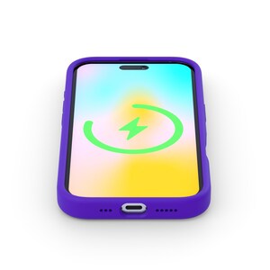 May include: A purple phone case with a charging animation on the screen. The animation shows a green circle with a lightning bolt inside.