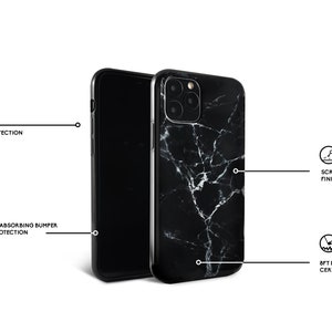 May include: A black phone case with a white marble pattern. The case has a raised bumper for screen protection and is drop tested for 8ft. It also has a scratch resistant finish.