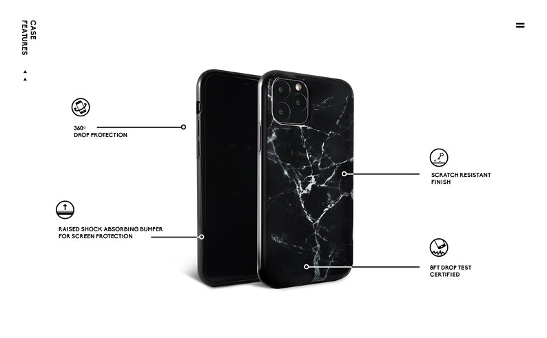 May include: A black phone case with a white marble pattern. The case has a raised bumper for screen protection and is drop tested for 8ft. It also has a scratch resistant finish.