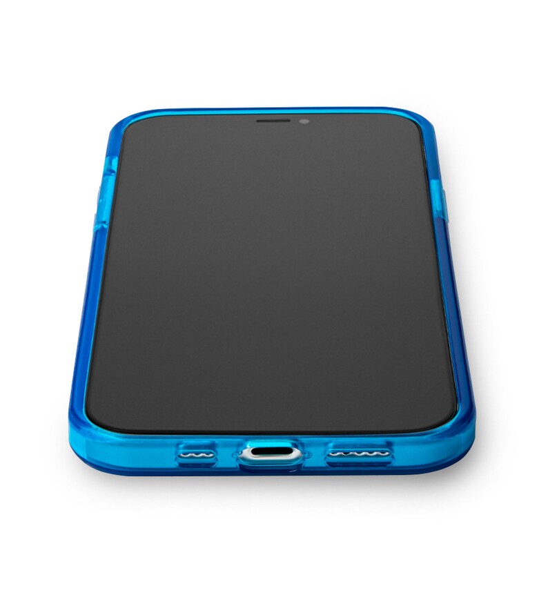 May include: A smartphone with a black screen is encased in a bright blue protective case. The case has a clear, transparent design, allowing the phone's features to be visible. The phone is positioned on a white surface.