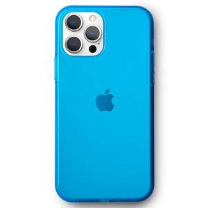 May include: A bright blue iPhone with a clear protective case. The phone has a triple-lens camera system and the Apple logo on the back. The case is transparent, allowing the phone's color to show through.