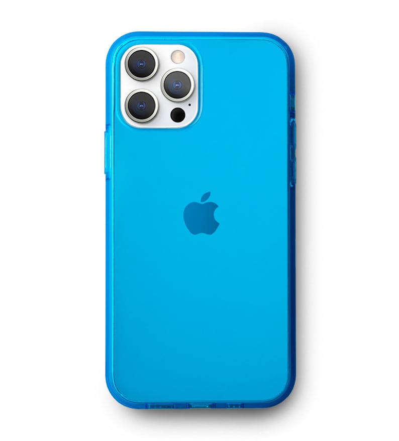 May include: A bright blue iPhone with a clear protective case. The phone has a triple-lens camera system and the Apple logo on the back. The case is transparent, allowing the phone's color to show through.