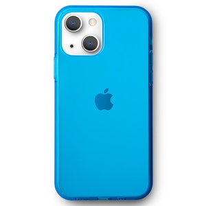 May include: A bright blue smartphone with a clear protective case. The phone has a dual-lens camera and the Apple logo. The case is transparent, allowing the phone's color to show through. The phone is set against a white background.