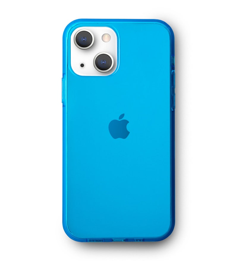 May include: A bright blue smartphone with a clear protective case. The phone has a dual-lens camera and the Apple logo. The case is transparent, allowing the phone's color to show through. The phone is set against a white background.