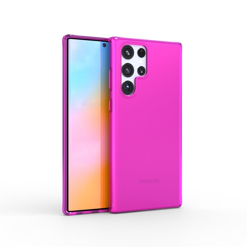 May include: A pink phone case with a clear back and a camera cutout. The case is designed for a Samsung phone.