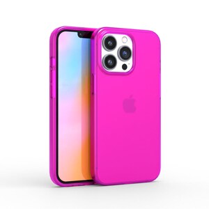 May include: A bright pink phone case for an iPhone with a clear back and a raised camera bump.