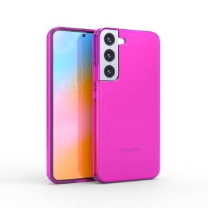 May include: A pink phone case with a clear back and a camera bump. The case has the Samsung logo on the back.