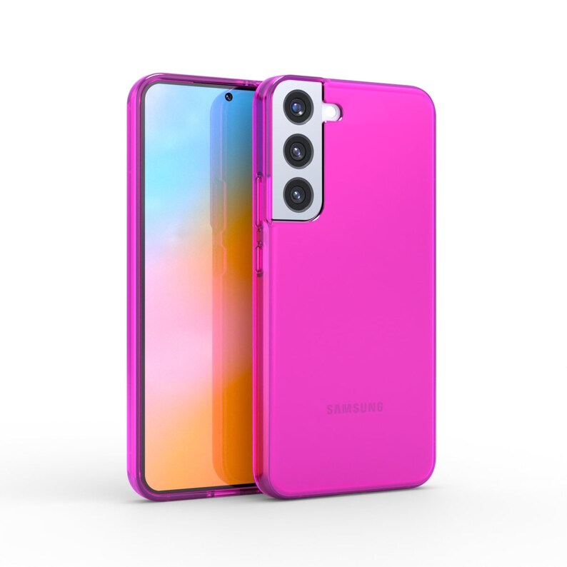 May include: A pink phone case with a clear back and a camera bump. The case has the Samsung logo on the back.