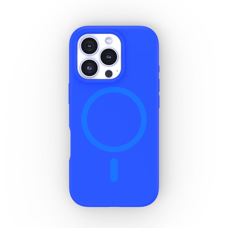 May include: A bright blue phone case with a built-in wireless charging ring and a cutout for the camera lens.