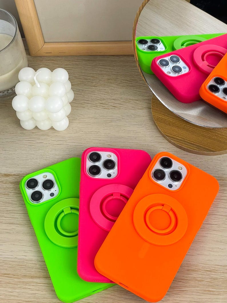 Neon MagSafe Ring Grip with Matching Silicone Premium iPhone Case with MagSafe. Available in Neon Pink, Green, Orange, Yellow, Purple, Blue image 2