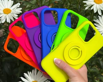 Neon Rainbow iPhone 17 Pro Max Case in Silicone or Crystal Clear with MagSafe with Matching MagSafe Ring Grip & Stand in Neon Pink Green