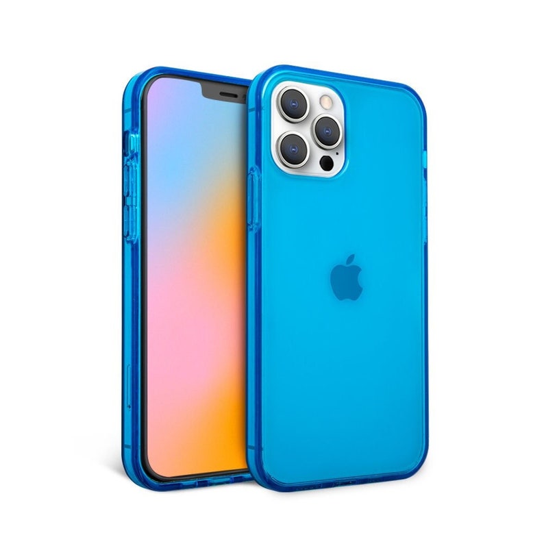 May include: Two blue iPhone cases. One case is on an iPhone, and the other is next to it. The cases are a transparent blue color, and the Apple logo is visible on the back of the phone. The cases have a protective bumper design.