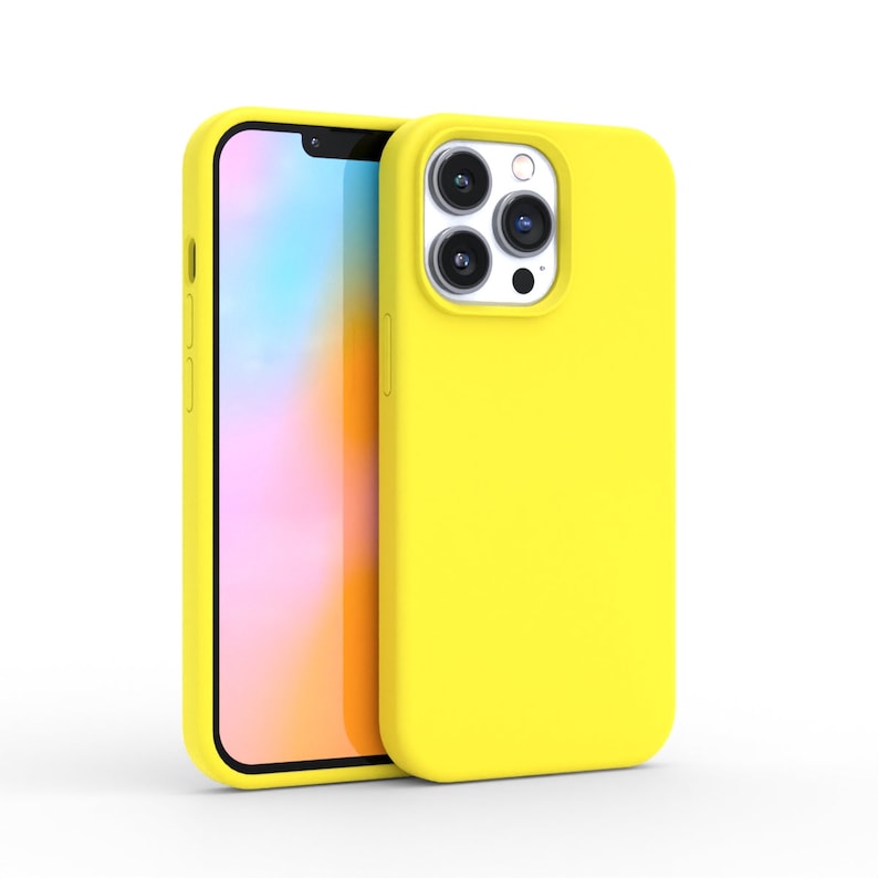May include: A bright yellow silicone phone case for an iPhone with a camera bump. The case has a smooth, matte finish.