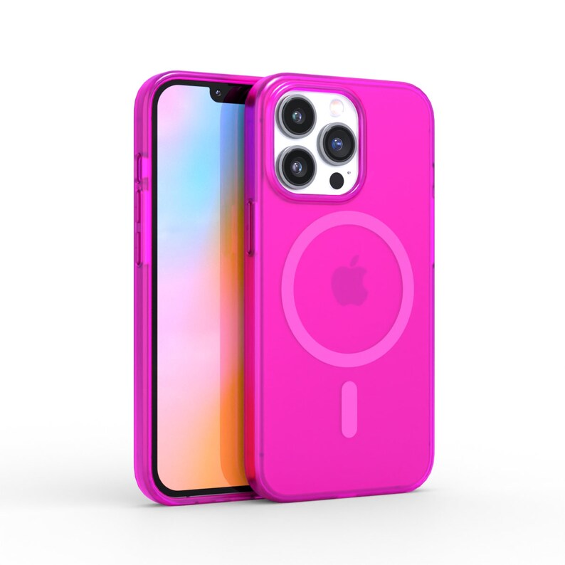 May include: A bright pink phone case with a clear back and a built-in magnetic ring for wireless charging. The case has a cutout for the camera lens and a raised lip to protect the screen.