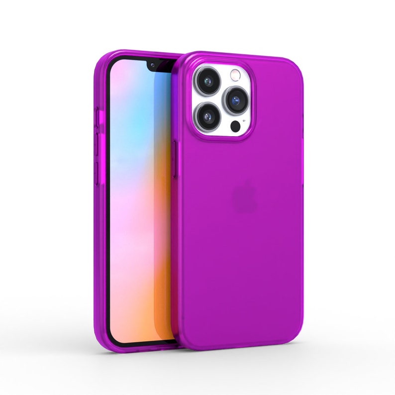 May include: A bright purple phone case for an iPhone with a camera bump and a clear back.