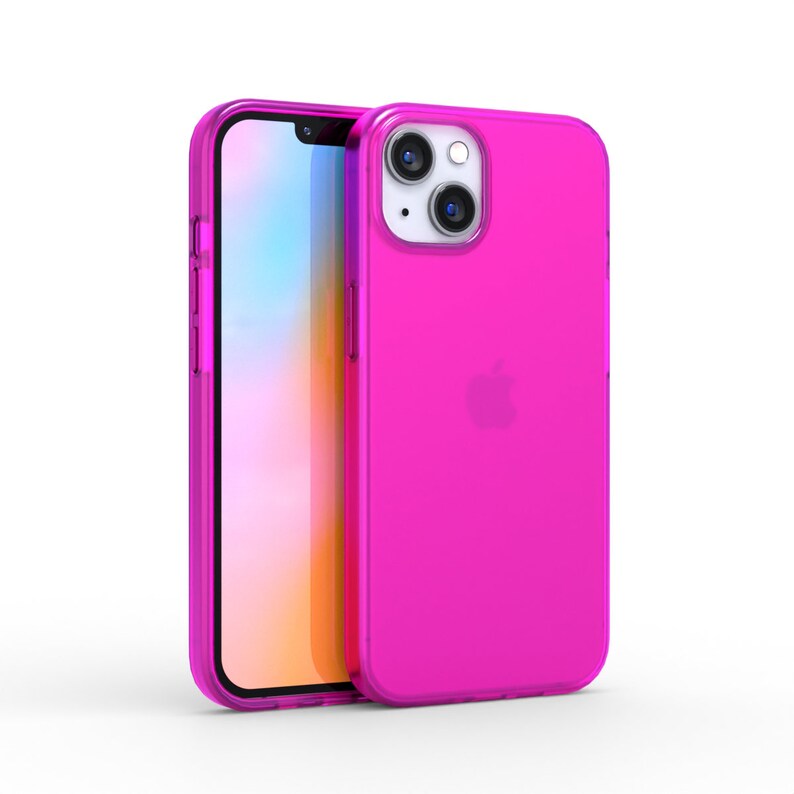 May include: A bright pink phone case for an iPhone. The case is made of clear plastic and has a frosted finish. The case is designed to protect the phone from scratches and bumps.