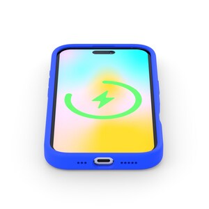 May include: A blue phone case with a charging icon on the screen. The icon is a green circle with a lightning bolt inside.