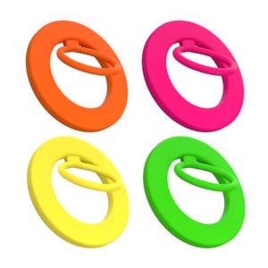 May include: Four brightly coloured phone ring holders in orange, pink, yellow, and green. Each has a circular base with a matching ring for a secure grip. The vibrant colours make these accessories stand out.