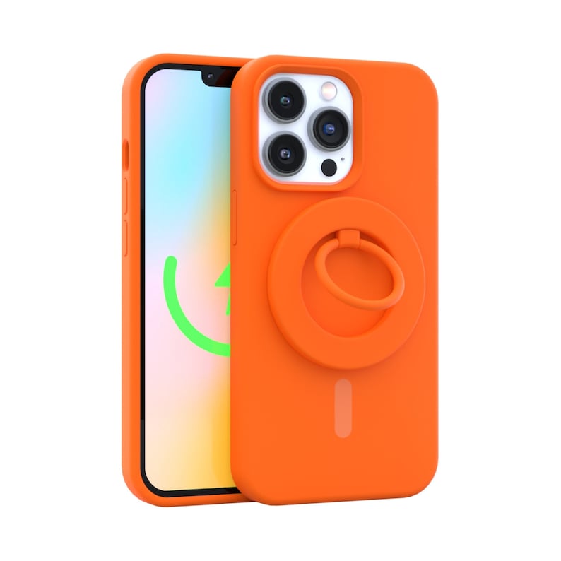 May include: Orange phone case with a built-in ring holder. The case has a raised camera bump and a cutout for the phone's charging port.