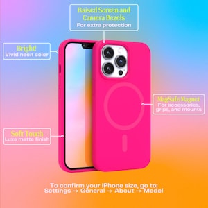 Op de afbeelding: Felroze telefoonhoesje met een zachte, matte afwerking. Voorzien van verhoogde scherm- en camerabezels voor extra bescherming en een MagSafe-magneet voor accessoires. De hoes heeft een levendige neonkleur.