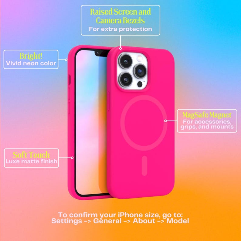 Op de afbeelding: Felroze telefoonhoesje met een zachte, matte afwerking. Voorzien van verhoogde scherm- en camerabezels voor extra bescherming en een MagSafe-magneet voor accessoires. De hoes heeft een levendige neonkleur.