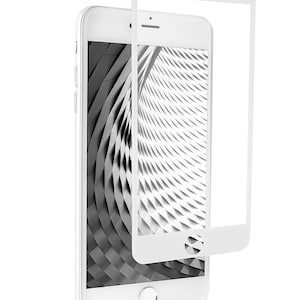 Puede incluir: Un iPhone blanco con un protector de pantalla transparente. El protector de pantalla est&aacute; ligeramente levantado del tel&eacute;fono, mostrando la pantalla del tel&eacute;fono con un dise&ntilde;o abstracto en blanco y negro.