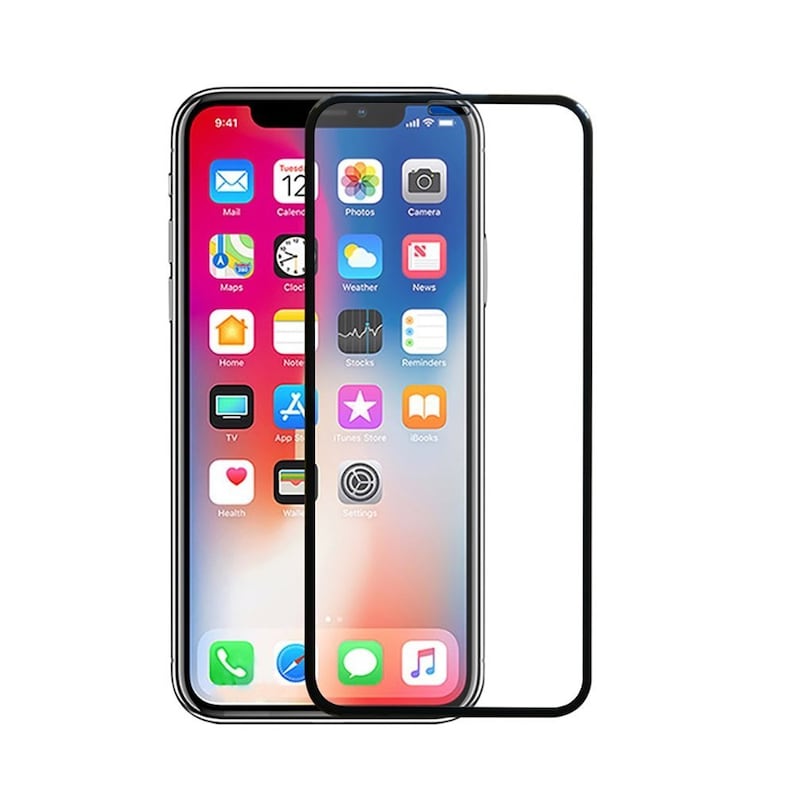 Puede incluir: Un protector de pantalla de vidrio templado negro para un iPhone X. El protector de pantalla se muestra junto a un iPhone X con un marco negro y una parte frontal blanca. El iPhone X muestra la pantalla de inicio con varios iconos de aplicaciones.