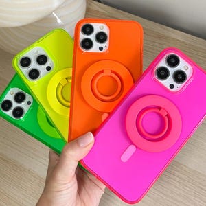 Funda MagSafe neón para iPhone con anillo de agarre y soporte MagSafe a juego en rosa neón, verde, naranja neón, iPhone 17 Pro Max, 16 Pro Max, iPhone 15, 14 y 13