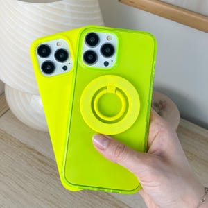 BRIGHT! Neon Yellow MagSafe iPhone Case with Ring Grip Holder & Stand in Neon Pink Green Neon Orange - iPhone 16 Pro Max, iPhone 15 14 13 12