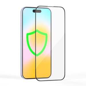 Könnte beinhalten: Ein Smartphone mit Displayschutzfolie. Das Telefon hat ein Display mit Farbverlauf und einem grünen Schildsymbol. Der Displayschutz ist klar mit einem schwarzen Rand. Das Telefon ist hellviolett.
