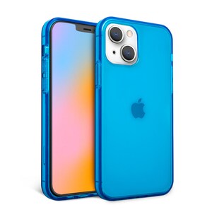 May include: Two blue iPhone cases, one with the screen visible, the other showing the back with the Apple logo. The cases are a vibrant, transparent blue, highlighting the phone's design. The cases are designed to protect the phone.