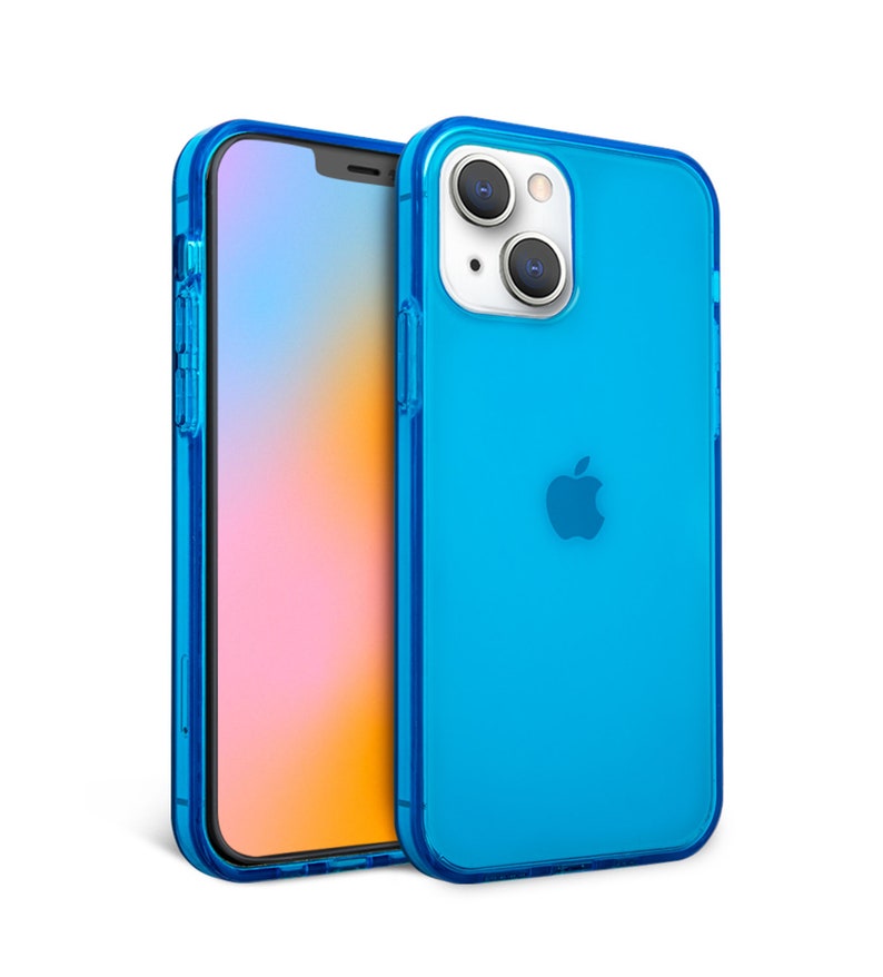 May include: Two blue iPhone cases, one with the screen visible, the other showing the back with the Apple logo. The cases are a vibrant, transparent blue, highlighting the phone's design. The cases are designed to protect the phone.