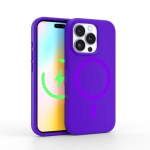 May include: A purple phone case with a built-in wireless charging pad. The case has a clear back that shows the phone's camera lenses.