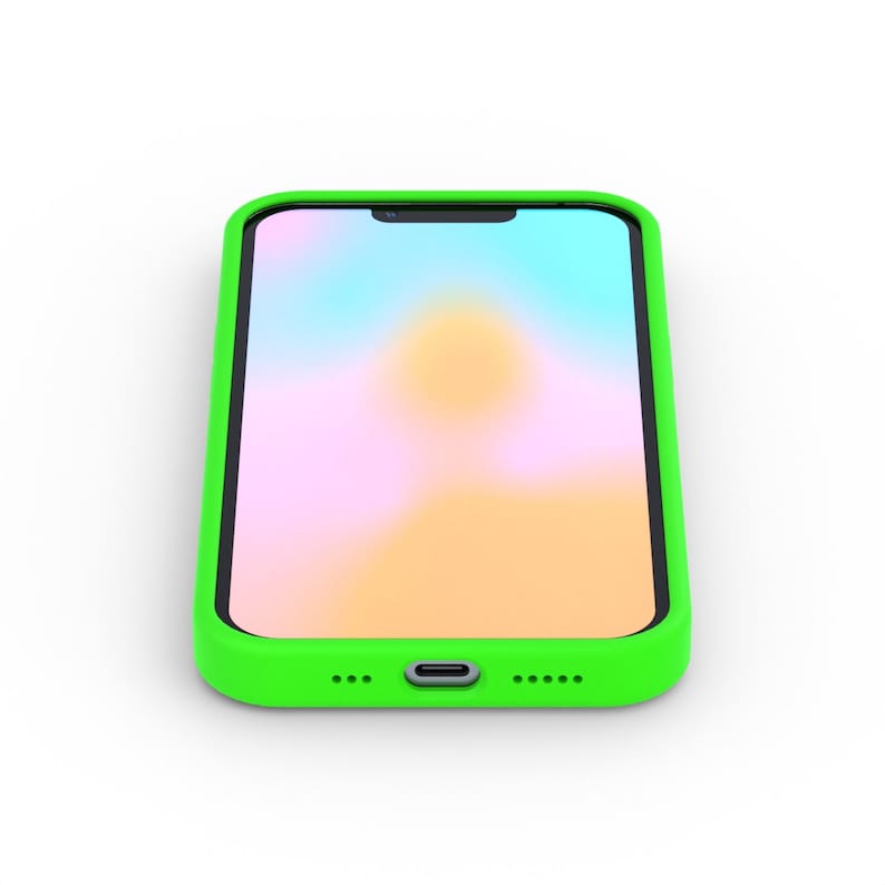 K&ouml;nnte beinhalten: Eine leuchtend gr&uuml;ne Handyh&uuml;lle mit einem bunten Farbverlauf-Displayschutz. Die H&uuml;lle hat einen Ausschnitt f&uuml;r den Ladeanschluss und die Lautsprecher.