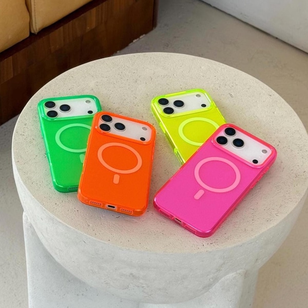 ¡BRILLANTE! Funda MagSafe transparente en rosa neón, verde, naranja, morado y azul para iPhone 17 Pro Max, 16 Pro Max, iPhone 15, iPhone 14, iPhone 13 y 14 Pro Max.