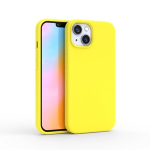 May include: A yellow silicone phone case with a black outline and a camera cutout. The case is designed for a smartphone with a dual-lens camera system.