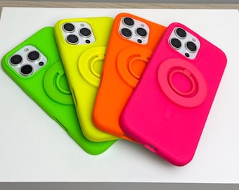 BRIGHT! Neon MagSafe Ring with Matching Silicone Premium iPhone Case with MagSafe. Available in Neon Pink, Neon Green, Neon Orange, Yellow