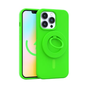 May include: A bright green phone case with a built-in ring holder. The case has a raised camera bump and a cutout for the phone's charging port.