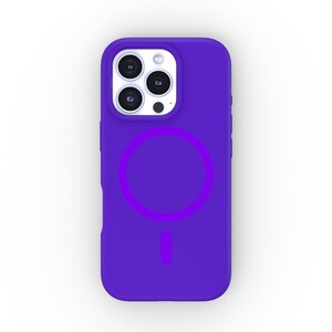 May include: A purple phone case with a built-in magnetic ring holder. The case has a white camera bump with three lenses.