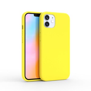 May include: A bright yellow silicone phone case with a cutout for the camera lens. The case is designed for a smartphone with a dual camera system.