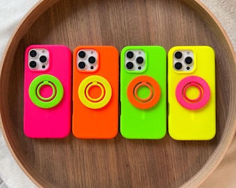 BRIGHT! Neon MagSafe Ring with Matching Silicone Premium iPhone Case with MagSafe. Available in Neon Pink, Neon Green, Neon Orange, Yellow