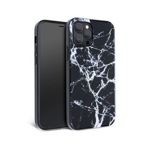 May include: Black phone case with a white marble pattern. The case has a raised camera bump with three lenses.