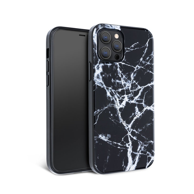 May include: Black phone case with a white marble pattern. The case has a raised camera bump with three lenses.