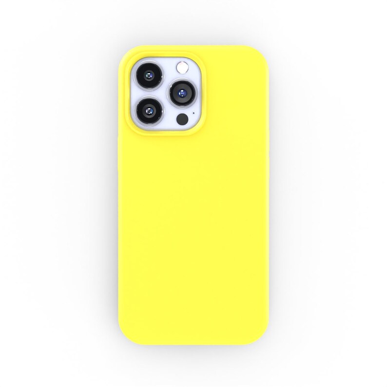 May include: A bright yellow silicone phone case with a white camera bump and three black camera lenses.
