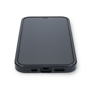 May include: A black smartphone with a dark screen and a black case. The phone has a small camera lens at the top and a speaker grille at the bottom.