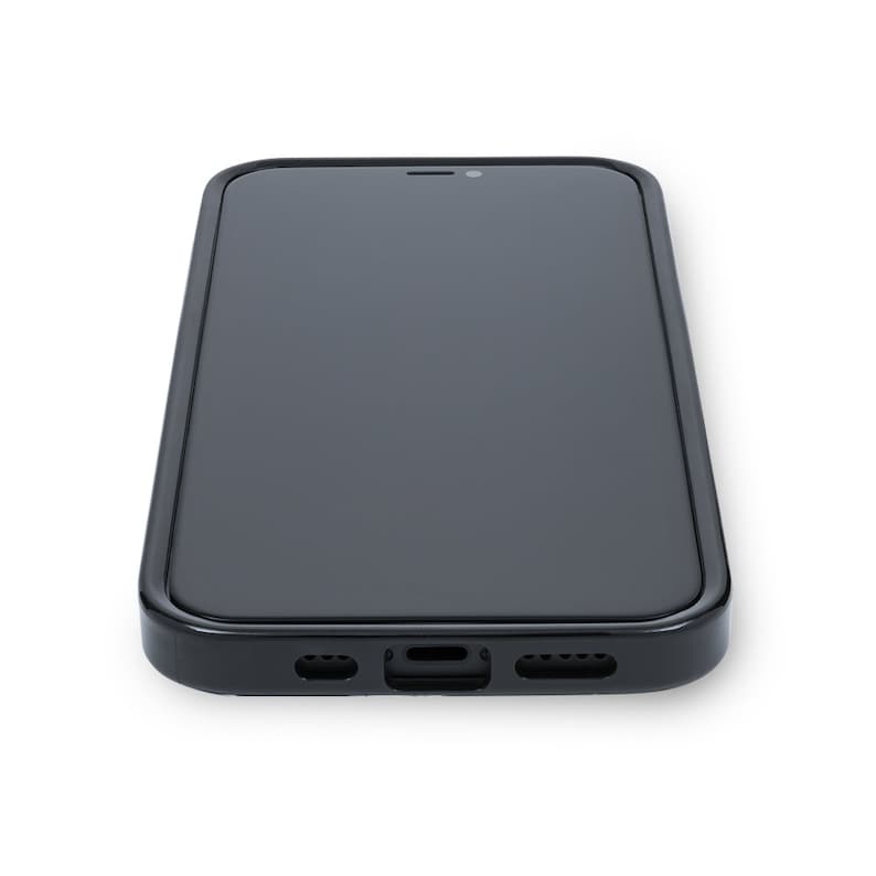 May include: A black smartphone with a dark screen and a black case. The phone has a small camera lens at the top and a speaker grille at the bottom.