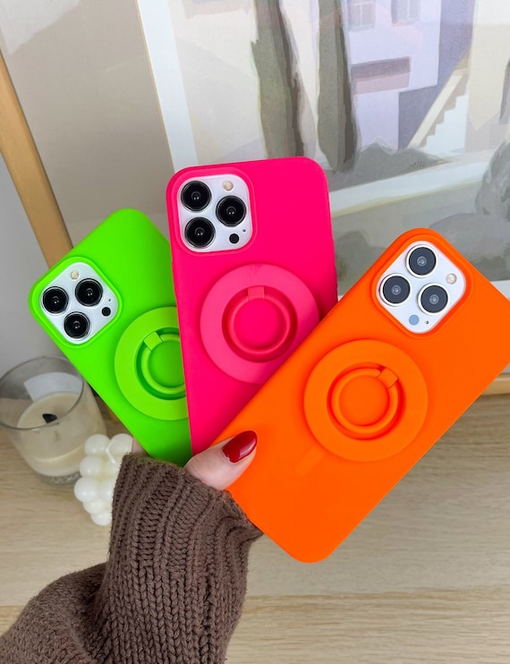 Neon MagSafe Ring Grip with Matching Silicone Premium iPhone Case with MagSafe. Available in Neon Pink, Green, Orange, Yellow, Purple, Blue