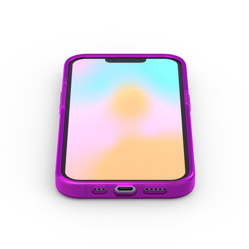May include: A purple phone case with a gradient background on the screen.
